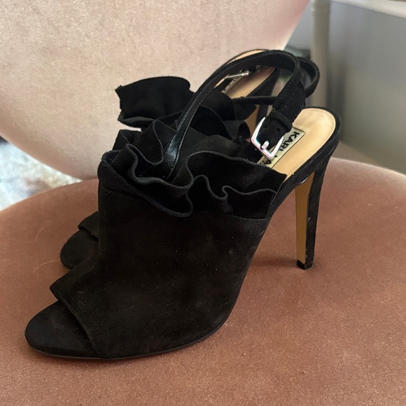 Suede Black Ruffle Heels - Picture 1 of 3